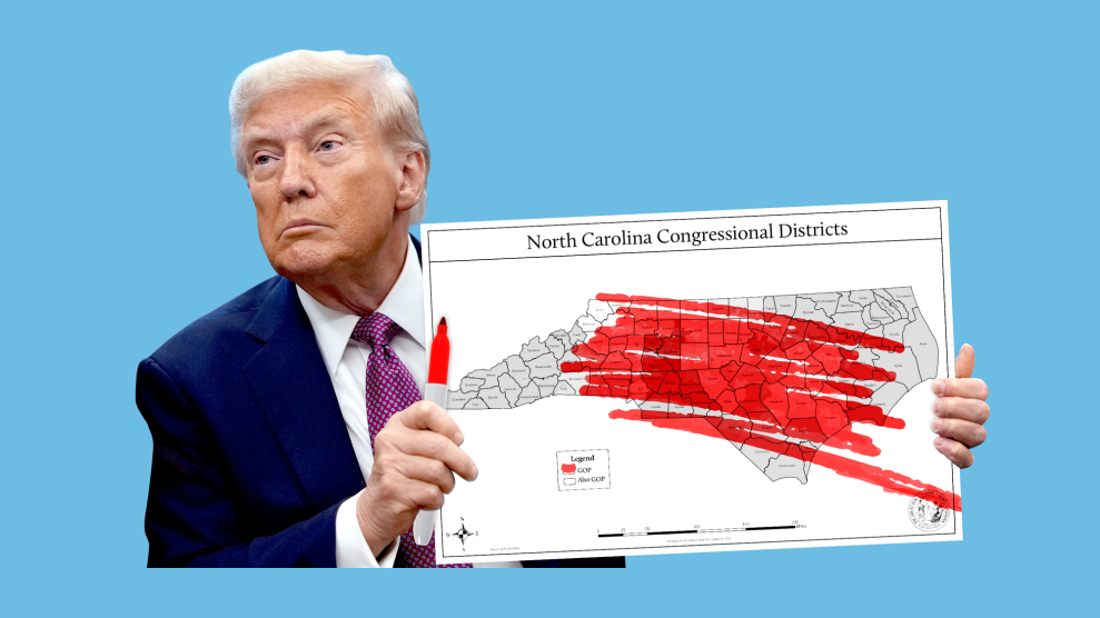An illustration of Donald Trump holding a map of North Carolina along with red pen. Nearly every congressional district is colored in red.