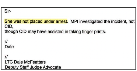 Highlighted text reads "She was not placed under arrest." it's signed LTC Dale McFeatters, Deputy Staff Judge Advocate