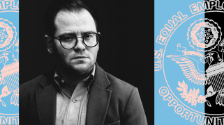 A photo collage of a middle-aged man with light stubble in a sports jacket and open-collard shirt. He's wearing glasses and looking directly into the camera. To his left and right is the seal of the US Equal Employment Opportunity Commission. The collage is in colors of black, white, blue and pink.