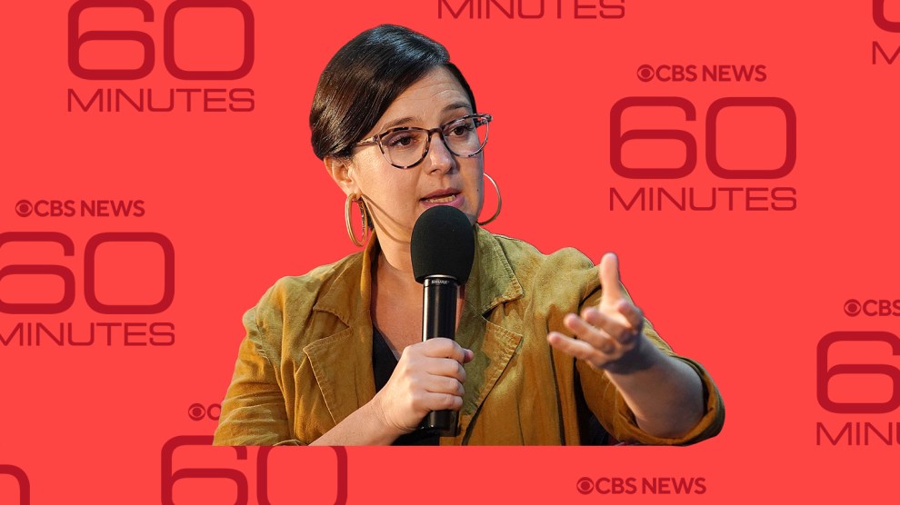 Bari Weiss, a bespectacled woman, speaks into a microphone; behind her is a repeating pattern of the CBS 60 Minutes logo.