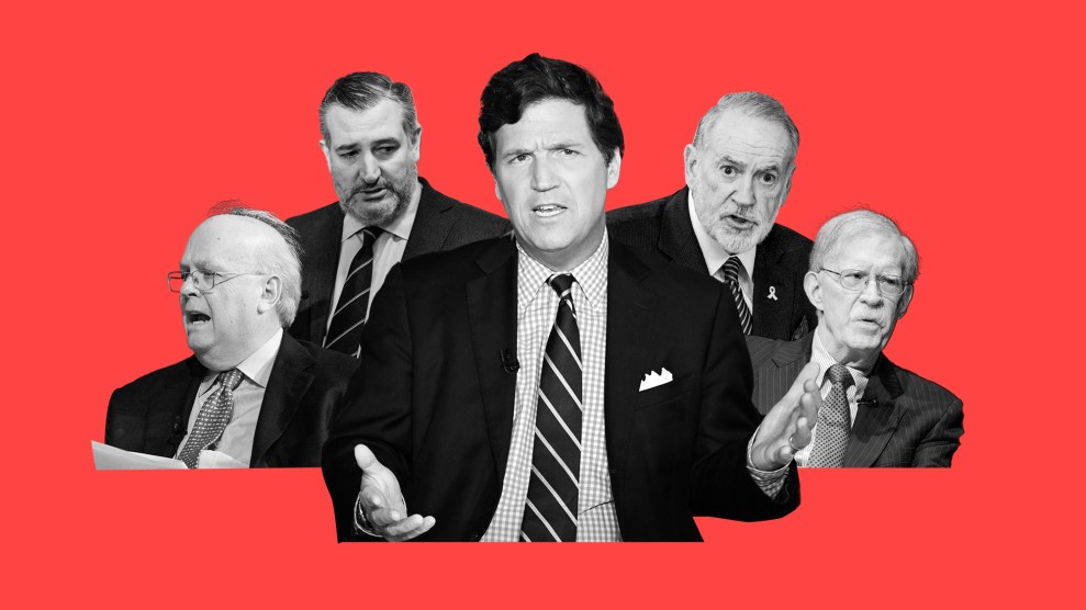 Photo collage with Tucker Carlson speaking and gesturing at the center; flanked to the right is Mike Huckabee and John Bolton, and Ted Cruz and Karl Rove on the left.