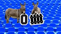 A photo illustration of two donkeys standing amid blue stadium seats. The donkey on a the left has an "O" sign in its mouth, and the donkey on the right has a sign in its mouth that looks like a picket fence.