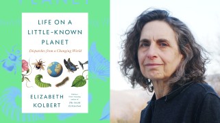 Photo collage featuring the cover of "LIFE ON A LITTLE- KNOWN PLANET" over a decorative pattern on the left and a portrait of the author, Elizabeth Kolbert, on the right.
