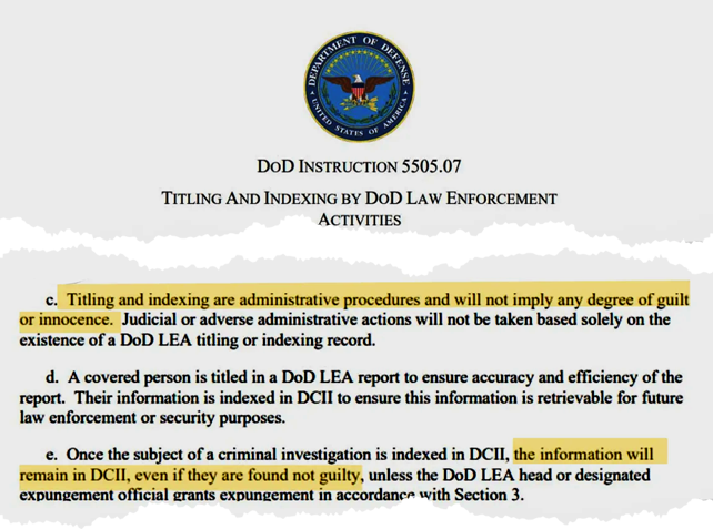 A Department of Defense document. Highlighted on the document are the words "the information will remain in DCII, even if they are found not guilty."