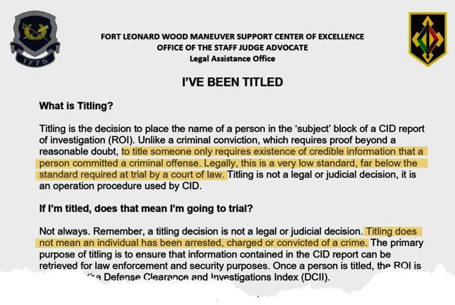 A document, part of which reads, "Titling does not mean an individual has been arrested, charged or convicted of a crime."