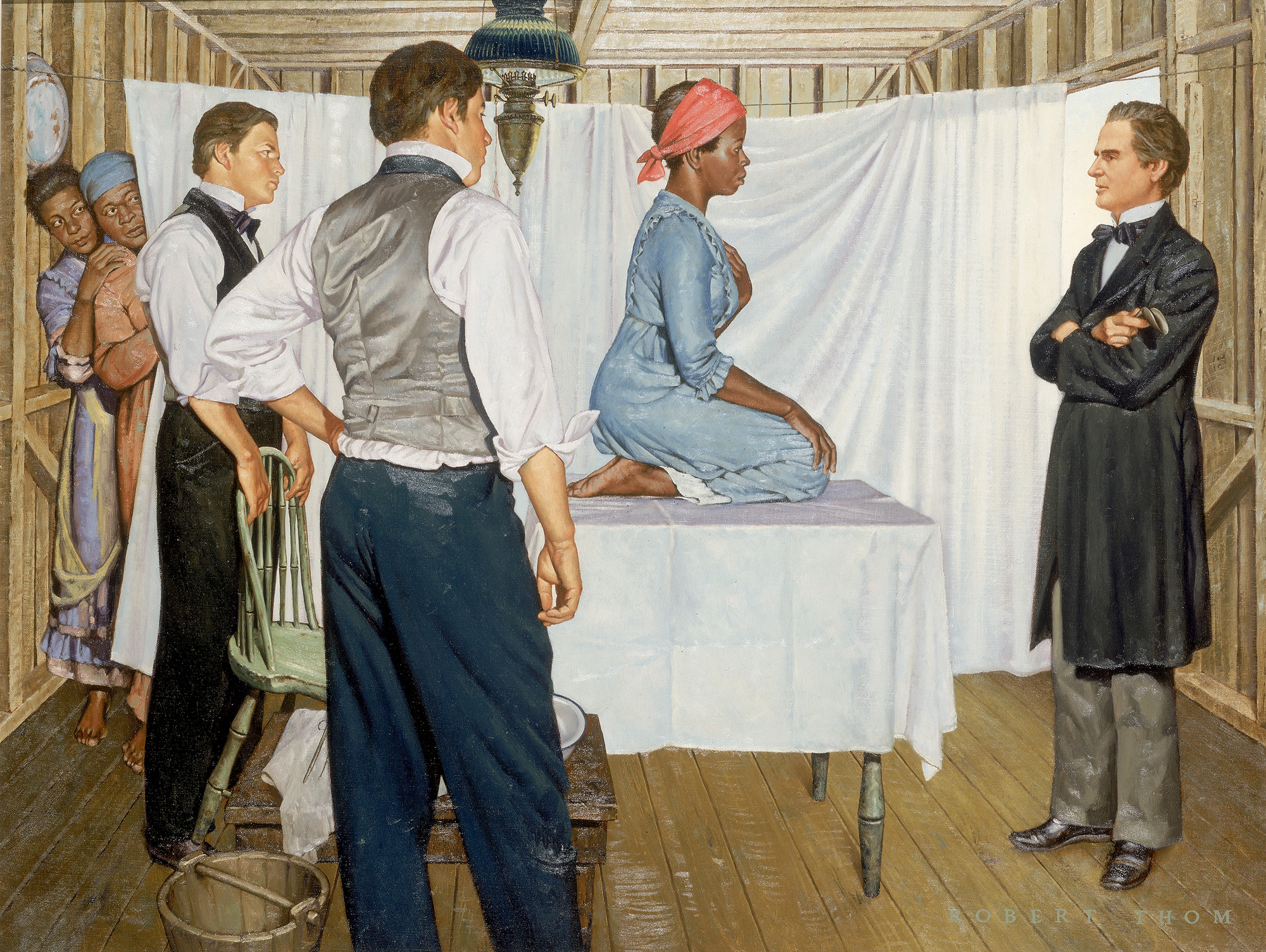 Painting of African American woman sitting on a table with three men looking at her and two women in the background looking on from behind a sheet.
