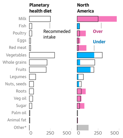 Two bar graphs comparing the Planetary Health Diet with the average North American diet, going line by line by different category. North Americans eat more animal products and less vegetables than reccomended.