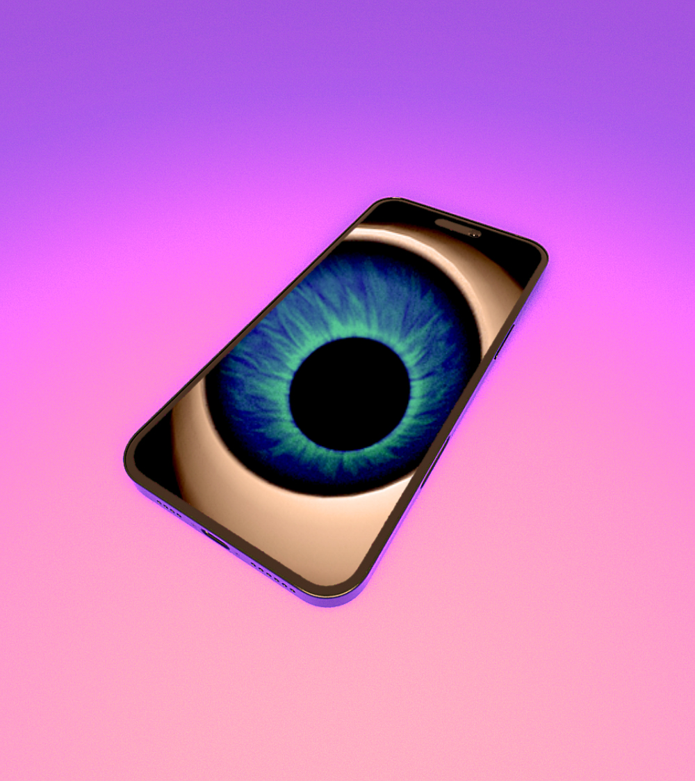Illustration of a big eyeball inside a mobile phone screen. The phone is surrounded by a purple and pink background