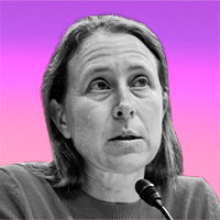 Black-and-white photo of a dark haired woman set against a pink and purple background.