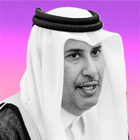 Black-and-white photo of a man wearing traditional Middle Eastern attire, shown against a pink and purple gradient background.