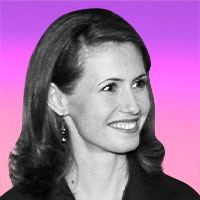 Black-and-white photo of a dark haired woman set against a pink and purple background.