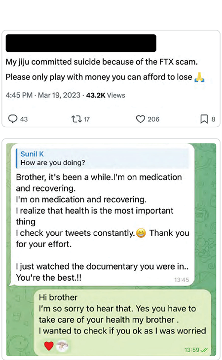 Texts that read "My jiju committed suicide because of the FTX scam. Please only play with money you can afford to lose." And, "I wanted to check if you ok as I was worried."