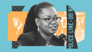 Photo collage featuring Jamila Hodge, an African American woman speaking into a microphone, surrounded by clippings of EJUSA workers, police caution tape, a chainlink fence and a frowning Donald Trump