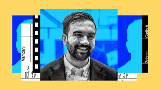 A collage showing a black-and-white photo of Zohran Mamdani overlaid with blue-tinted silhouettes of a man’s face and fragments of a New York City ballot.