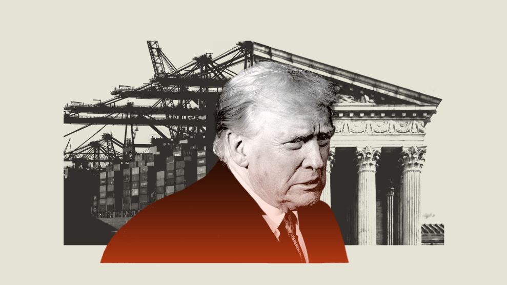 A digital collage of Trump in front of a Supreme Court building partially made of shipping containers and port cranes.