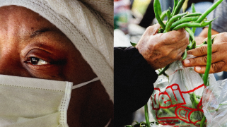 A diptych of two photos. On the left is a close-up photo of an elderly black woman staring in the distance, as she wears a face mask and head covering. On the right, is a close-up photo of an elderly person's hand holding a hand full of string beans. The hand of another person is seen assisting her place the string beans in a plastic bag.