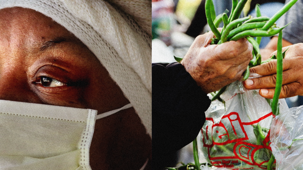 A diptych of two photos. On the left is a close-up photo of an elderly black woman staring in the distance, as she wears a face mask and head covering. On the right, is a close-up photo of an elderly person's hand holding a hand full of string beans. The hand of another person is seen assisting her place the string beans in a plastic bag.