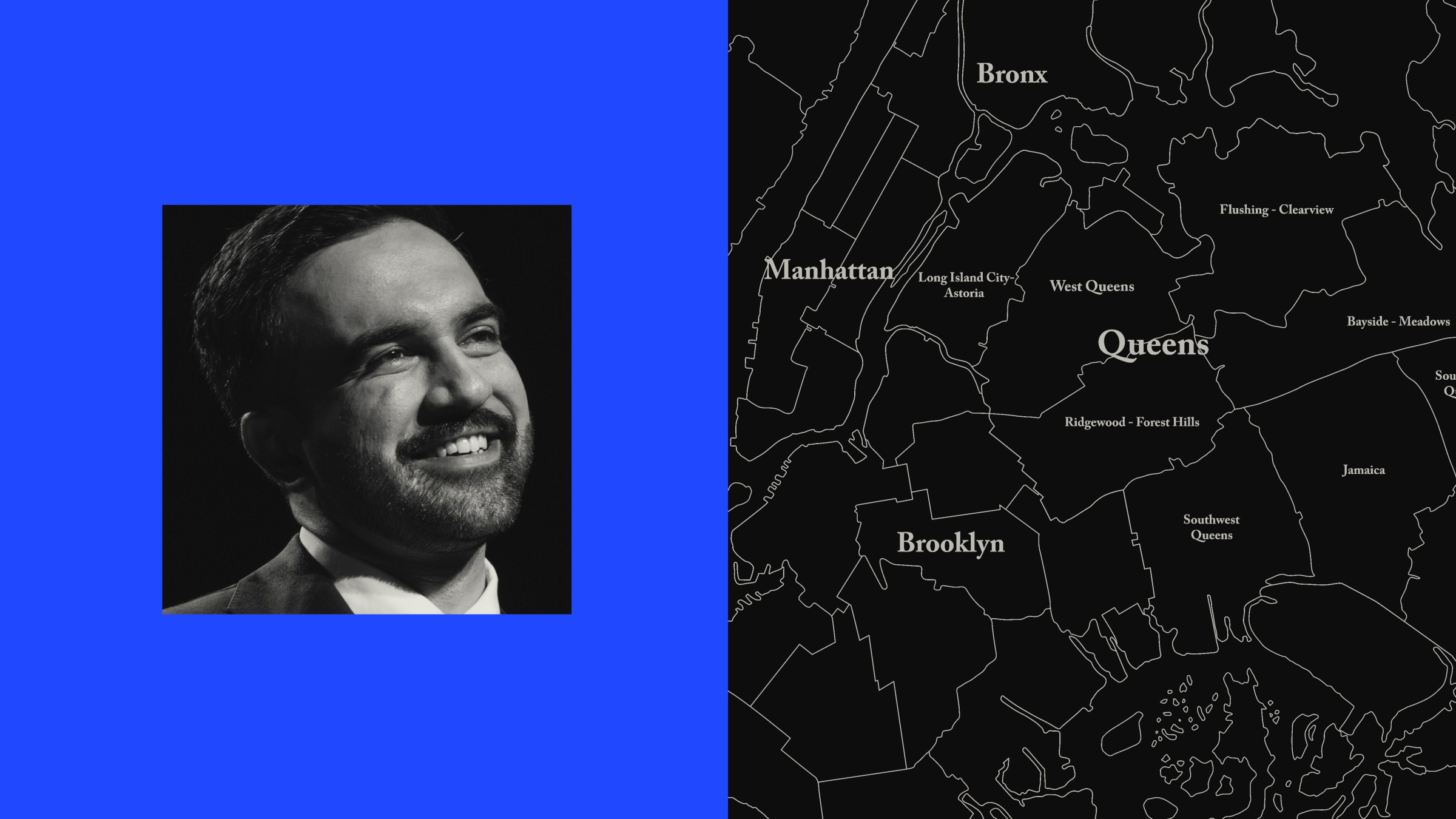 Split collage featuring a smiling Zohran Mamdani on the left in a small box, and a black and white map of the NYC boroughs on the right.