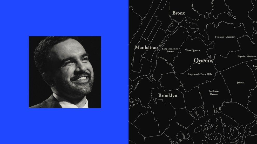 Split collage featuring a smiling Zohran Mamdani on the left in a small box, and a black and white map of the NYC boroughs on the right.