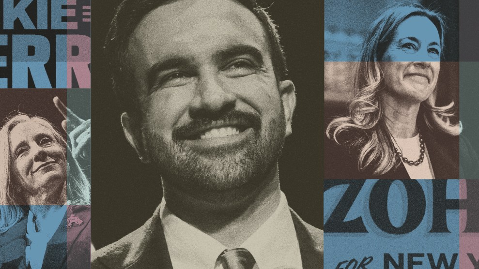 A collage-style image with a blue background and navy blocks showing pieces of campaign signage. The composition features three grayscale portrait photographs of Abigail Spanberger, Zohran Mamdani, and Mikie Sherrill.