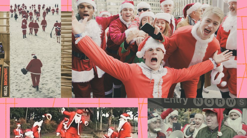 Collage of photos showing groups of people dressed in Santa Claus costumes participating in festive public gatherings. The scenes include crowds of Santas walking on a beach, cheering in city streets, and playfully running in parks.