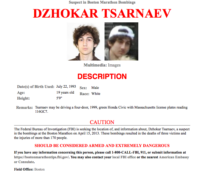 Dzhokar Tsarnaev FBI Wanted Poster