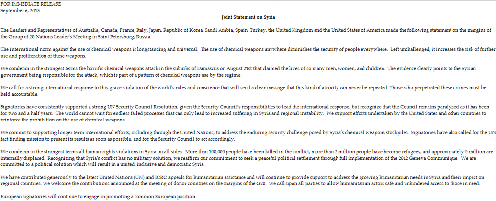 Syria joint statement white house