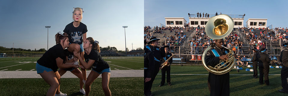 Diptych of cheerleaders and marching band