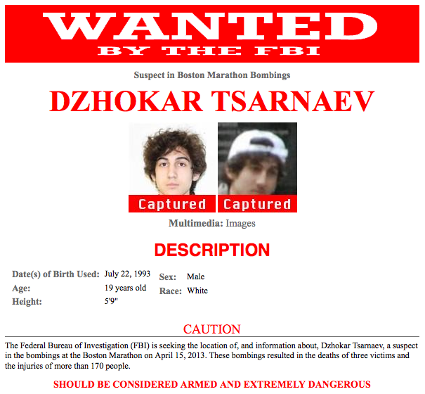 FBI wanted poster Boston Marathon bombing suspect captured