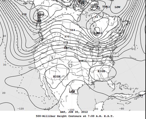 500 mb chart for 0700 30 June 2012. As high temperature dome slides into the Southeast another is developing in the Southwest:Note that another dome of high pressure is developing in the southwest again: NOAA