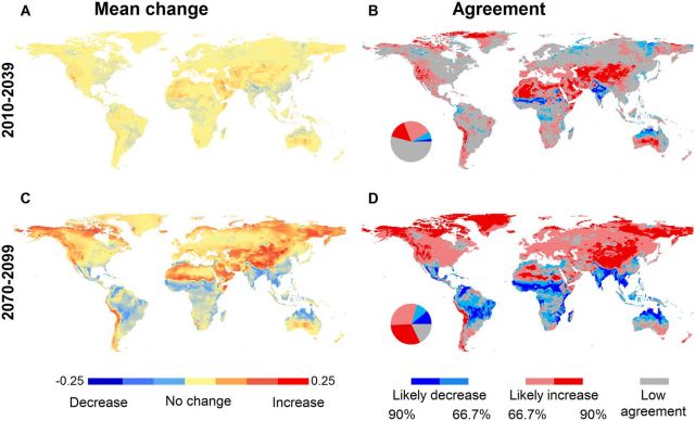 Fire probability maps based on ensemble models of mean change (click for larger version): Max A. Mortiz, et al, Ecosphere