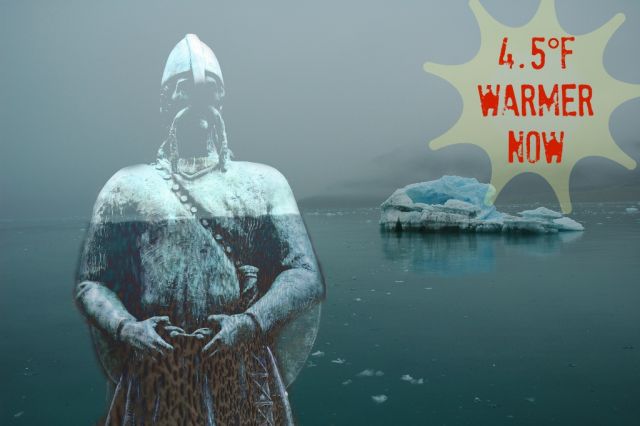 Since 1987 summers on Svalbard have been up to 4.5°F (2.5°C) hotter than they were there during the warmest parts of the Medieval Warm Period: Svalbard landscape: Wen Nag (aliasgrace) via Flicke. Viking statue: frankdouwes via Flickr. Mashup: Julia Whitty (thanks PicMonkey!)