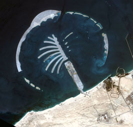 A sattelite photo of 'Jebel Ali Palm Island,' the second Palm Island to be  built off the coast of Dubai. Eventually, three palm-shaped artificial  islands will be built in the Dubai area. The first one, 'Jumeira Palm' is  almost completed.